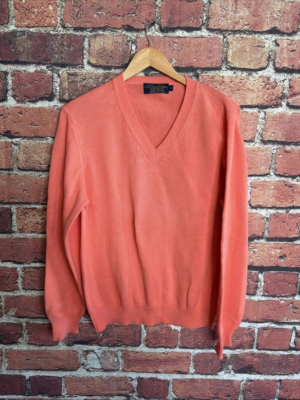 Brooks Brothers Mens Small Orange Sweater V-Neck Cotton Solid Preppy Classic